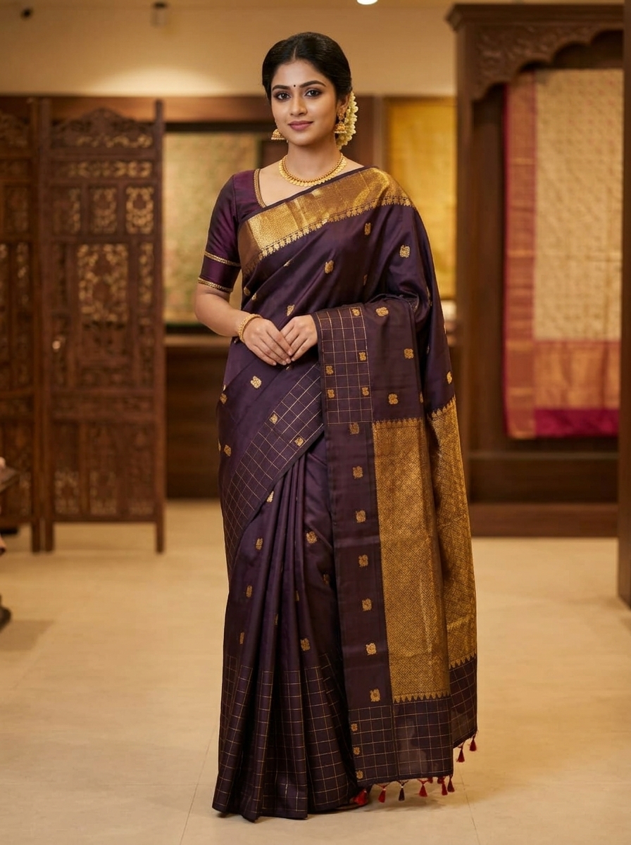 Dark Purple and Gold Traditional Zari Border Soft Silk Saree with Rich Pallu